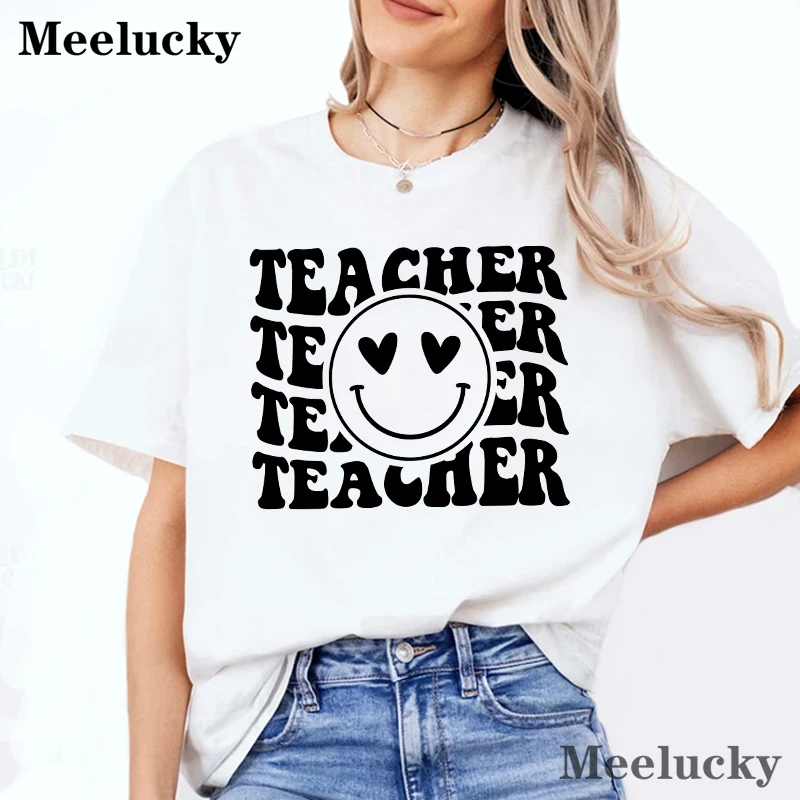 

Teacher Letter Pattern Smiling Face Cotton Printed Woman Tee Shirt Harajuku Loose Tee Tops Essential Round Neck Sport T shirts