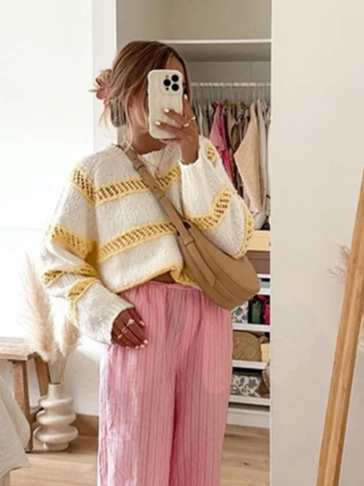 TAVIMART  -  Mohair Contrast Color Knitted Sweater Women Chic Jacquard Loose Striped O-neck Long Sleeve Pullover Soft Furry Autumn Jumper