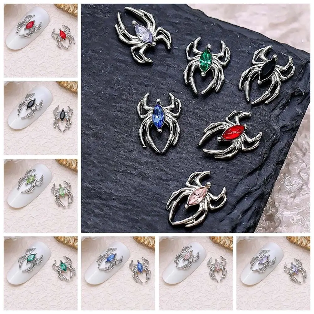 5pcs Silver Spider Figure Nail Charms Halloween Design Metal Nail Parts Crystal Nail Art Decor for Manicure DIY Nail Accessories