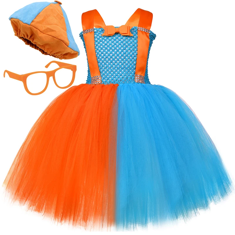 thumbnail image 1 of Disfraz de Blippi para niñas pequeñas, dibujos animados en inglés, conjunto de ropa con tutú naranja y azul cielo, sombrero, gafas y tirantes, 1 of 5