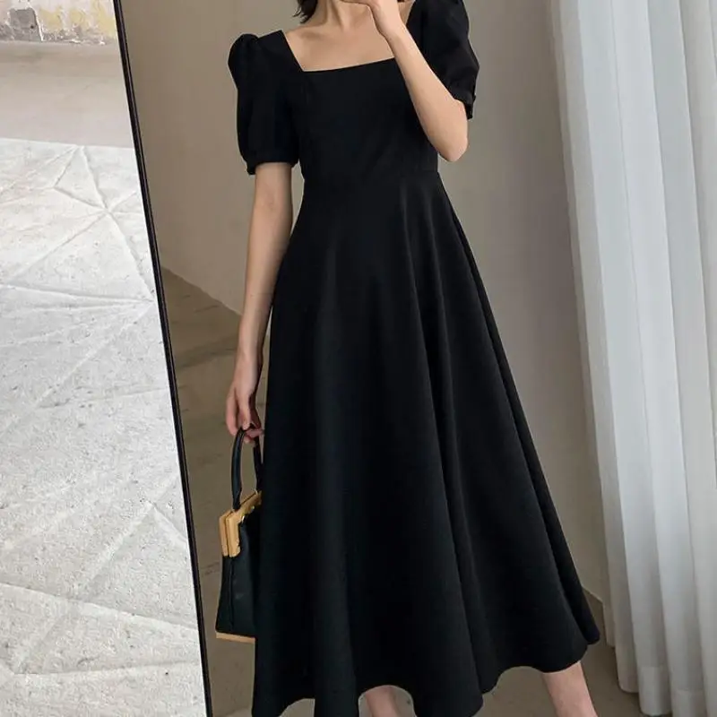 

French Hepburn Style Square Collar Puff Sleeve Chic Women Dress Solid Color Simple Long Dress Woman Street Temperament Dresses