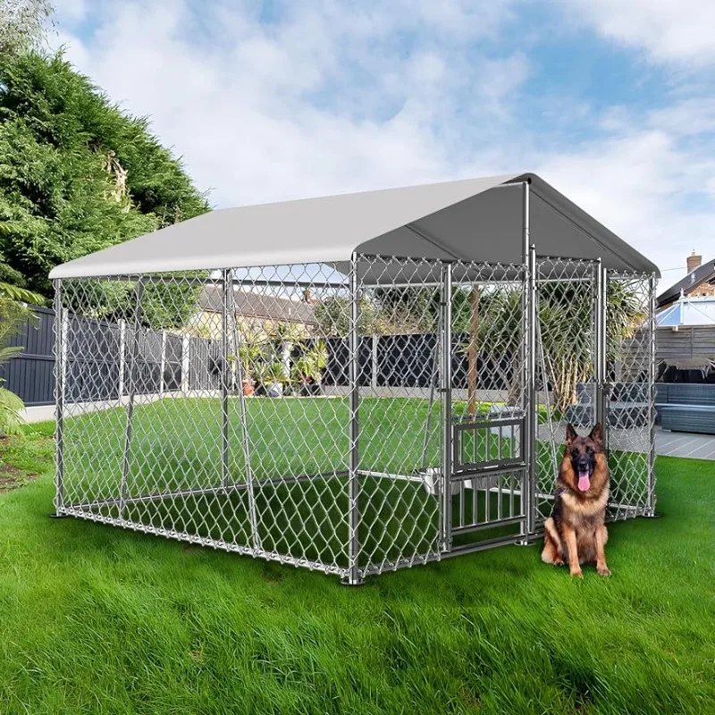 7.5×7.5×5.6FT Outdoor Dog Kennel with Roof and Bowls, Large Dog House Pen Enclosure with Sidebar