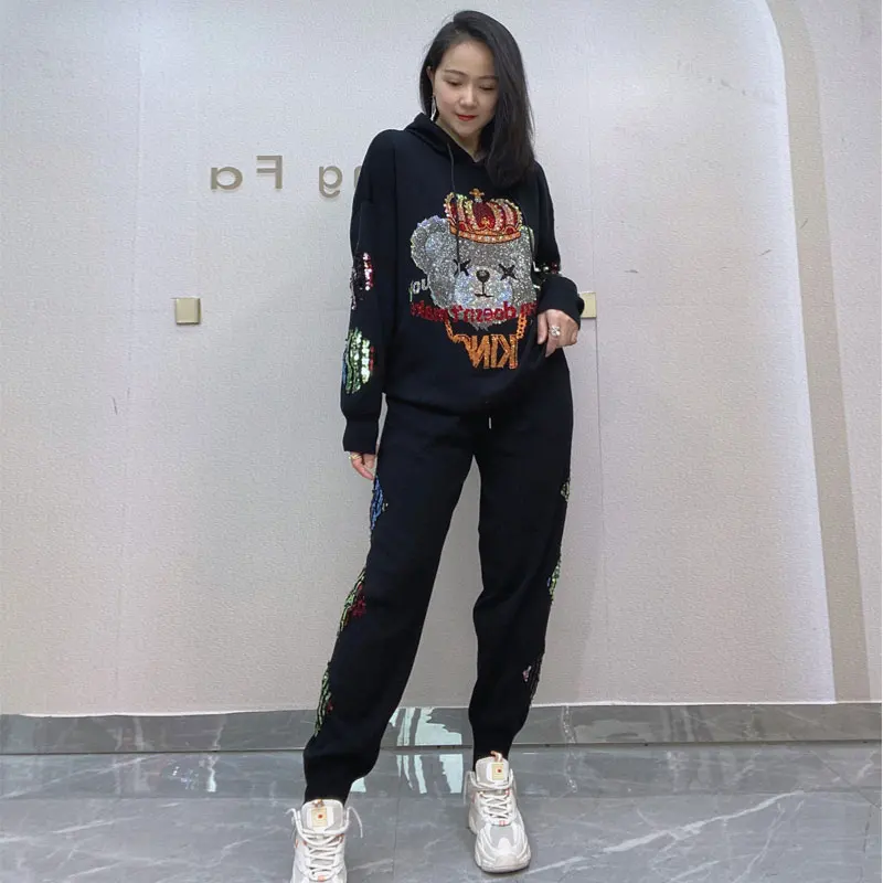 

Womens Spring Loose Diamond Bear Tracksuit Long Sleeve Two Piece Outfits Pullover Sets for Ladies Sweatsuits Sets