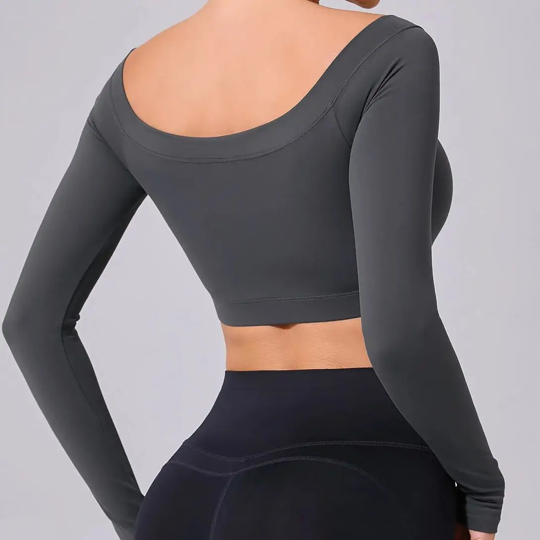 Top sportivo solido da donna T-shirt da yoga con spalle scoperte Manica lunga Allenamento da palestra Camicie da corsa Donne sexy Abbigliamento sportivo da palestra ad asciugatura rapida - immagine 4