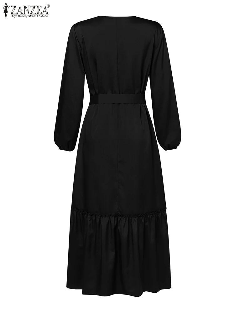 ZANZEA Fashion Ruffles Hem Muslim Dress Woman Long Sleeve Solid Color Maxi Robe Elegant Turkey Hijab Dresses Islamic Clothing