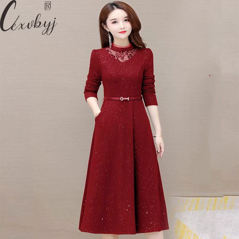 

Lace Patchwork Vintage Dress 2024 Spring Fall Long Sleeve Sequin Party Dress Oversized Casual Knee-Length Vestidos With Belt