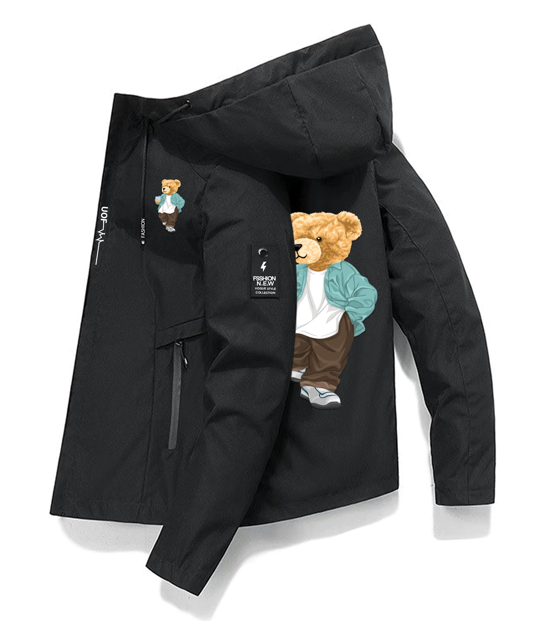 

Street Casual Coffee Break Bear Jacket Drinking Coffee print Long Sleeve Solid Casual Windbreaker Male Work Wear Clothes