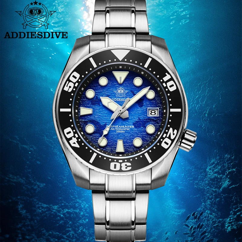 ADDIESDIVE 44.5mm Men's Watch Stainless Steel Dark Blue Dial Super Luminous Sapphire Watch 200m Diving NH35 Automatic Watches