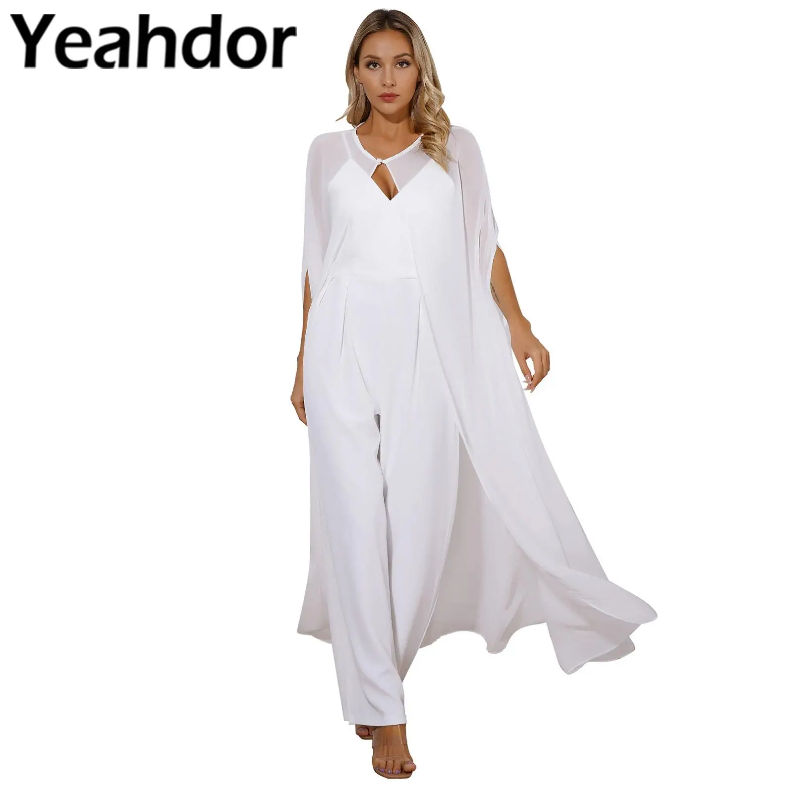 

Womens Solid Color Chiffon Cloak Evening Bolero Open Front One Button Woman's Long Cape for Bridal Wedding Beach Cover Ups Mujer
