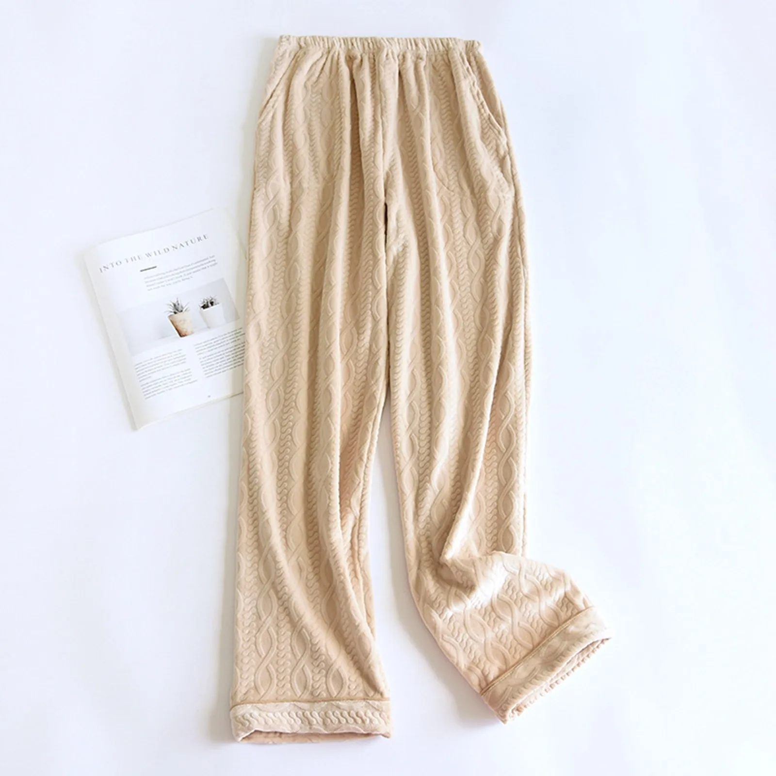 

Women Autumn And Winter Couple Pajamas Pants Thin Solid Color Flannel Plus Velvet Warm Cuffed Home Pants