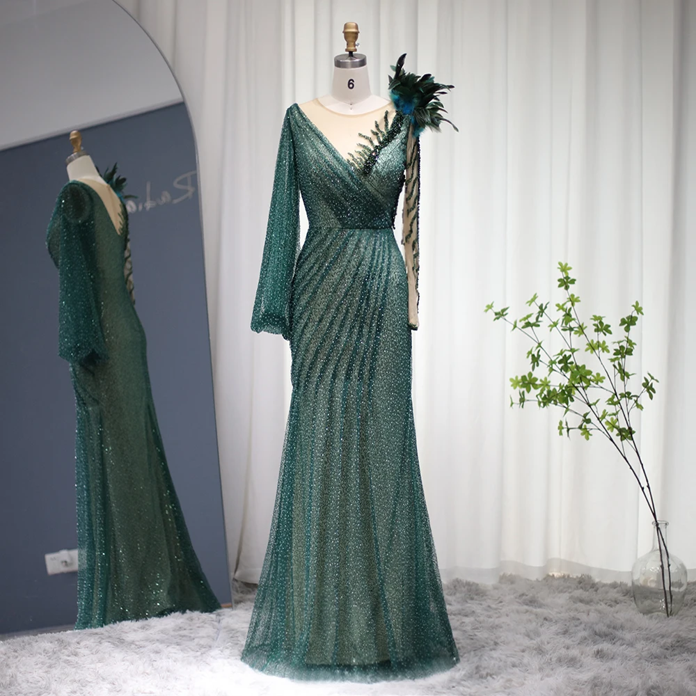 Emerald Green Mermaid Feathers Evening Dress 2021 Luxury Long Sleeve ...