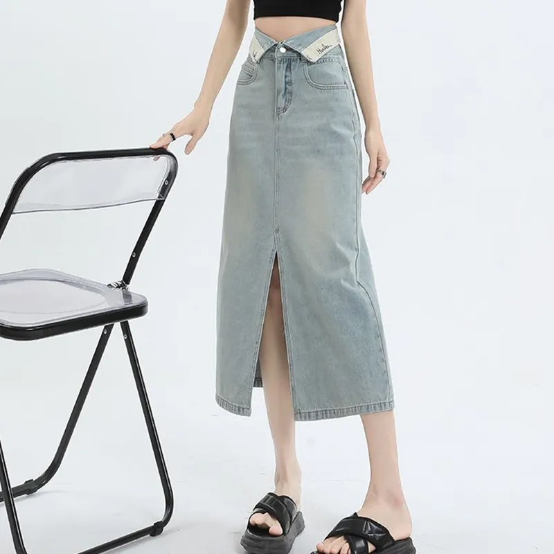 

High Waist Split Mid-Long Denim Skirts Women Summer Pockets Slim A-line Jeans Skirts Straight Bottoms Jupe 6639