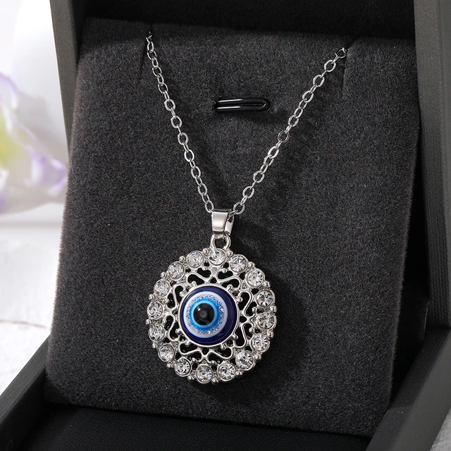 Rhinestone Evil Eye Necklace Silver & Egyptian Blue Enamel Sparkling Crystal  Protection Symbol Charm on Stainless Steel Silver Chain - Etsy