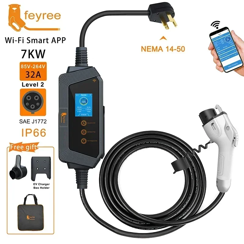 EV Charger 7KW 32A 1Phase Portable J1772 Socket with 5m Cable Smart APP WIFI Control Version for Electric Vehicle