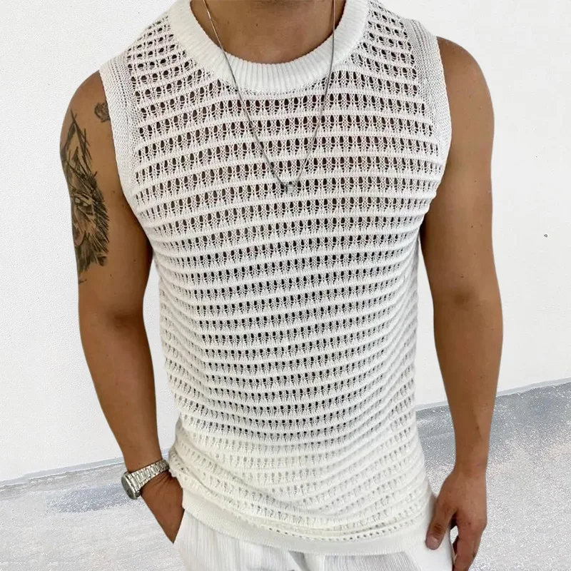 Men's Sweater Vest 2023 Summer New Breathable Solid Color Slim Sleeveless Hollow Knit Vest