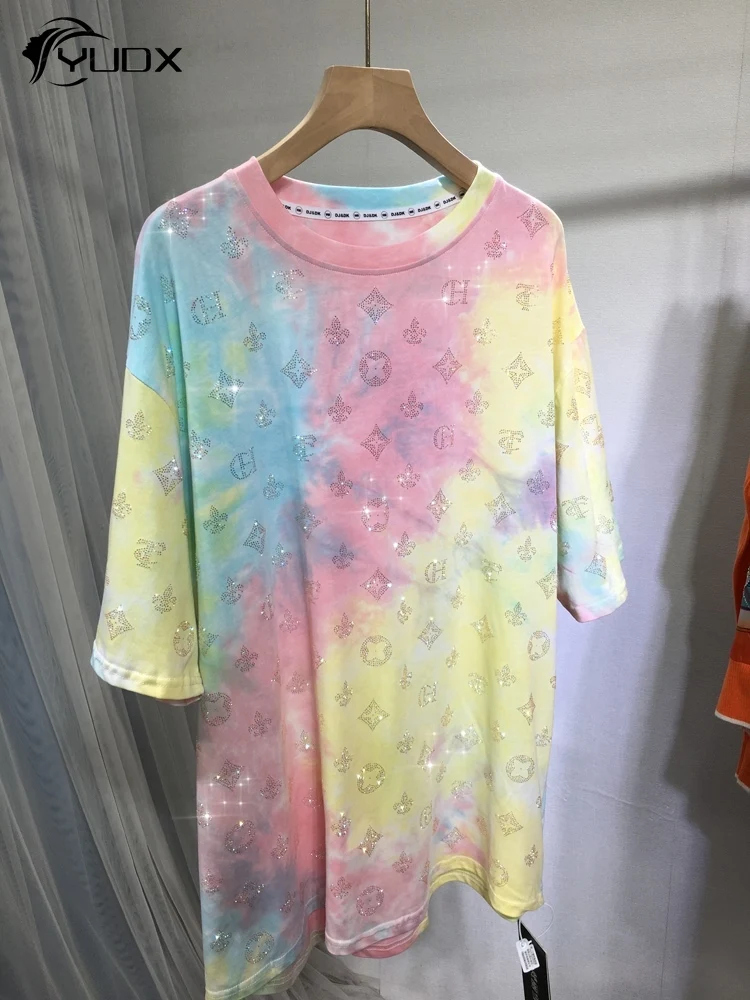 

YUDX Shiny Gradient Tie-dye Hot Drilling Women T-shirt All-match Mid-long Summer O-neck Pullover Top Casual Short Sleeve Tshirts