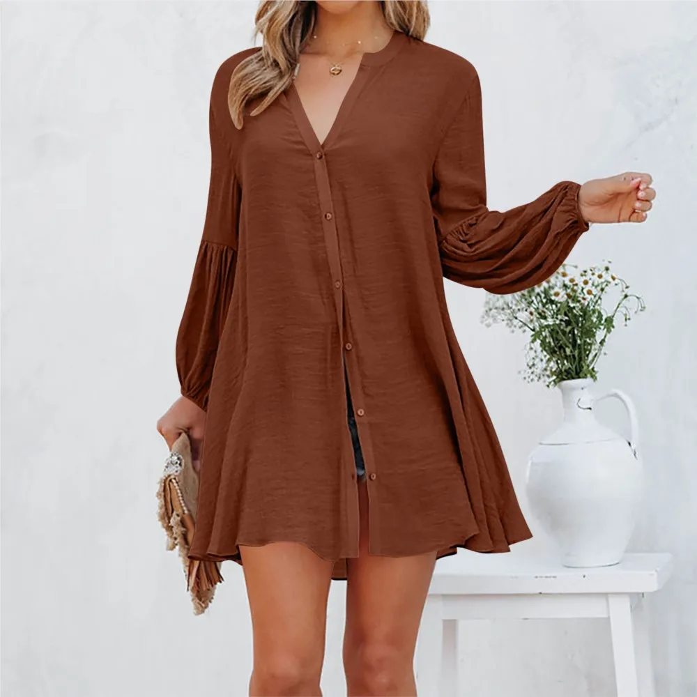 

Autumn Casual Long Sleeve Shirts Dress Women Brown Cardigan Button V- Neck Loose Office Laides Solid Mini A-line Dresses
