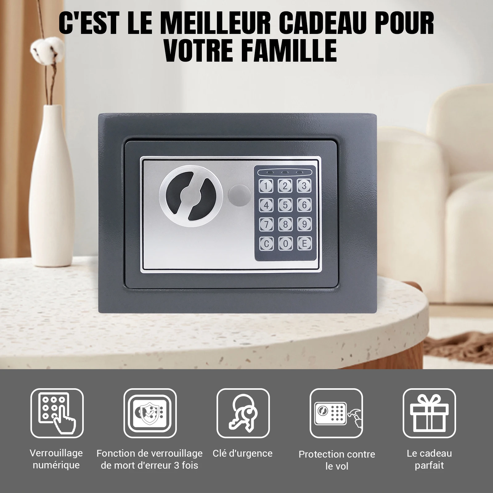 Coffre-fort étanche ignifuge pour la maison, coffre-fort de sécurité domestique, Protection des objets de valeur avec Double clavier numérique et 2 touches, gris