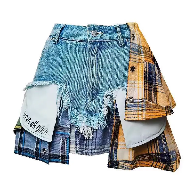 Denim Skirt Colored Plaid Patchwork Irregular Deconstructed Women'S A-Line High Waist Mini Skirt 2024 Summer New Fashion