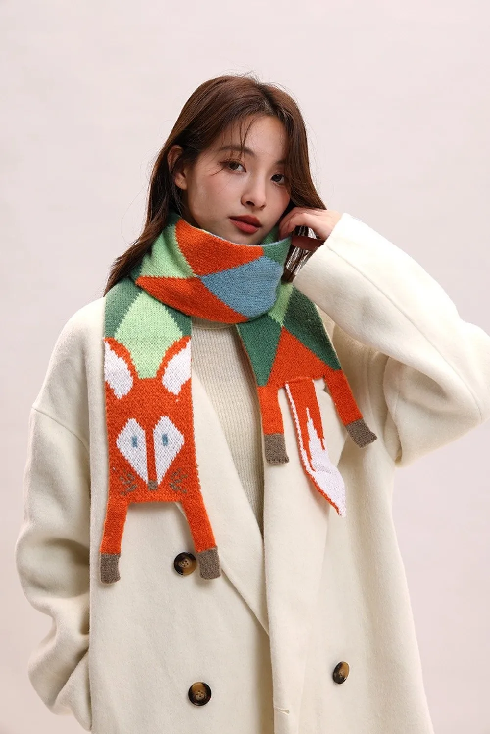 Vielseitiger gestrickter Schal im japanischen Stil, Kaschmirimitat, Tier-Cartoon-Fuchs-Schal, trendiger Herbst-Winter-warmer Schal – Detail 18