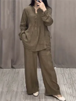 Women's 2 Piece Set Fashion Office Lady Cotton Linen Long-sleeve Casual Loose Wide-leg Pants Suit 2024 Spring Autumn Women Sets
