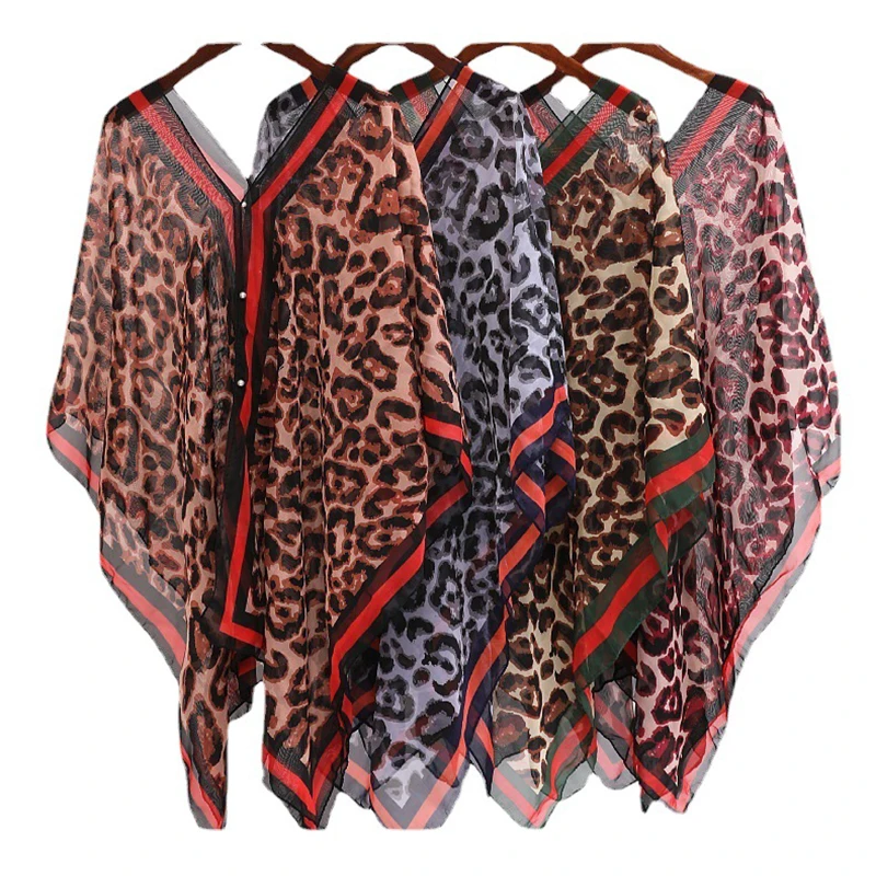 

Fashion Leopard Print Sunscreen Silk Scarf Women Summer Chiffon Beach Towel Bikini Cover Sun Blouse Neck Guard Cloak Shawl R8