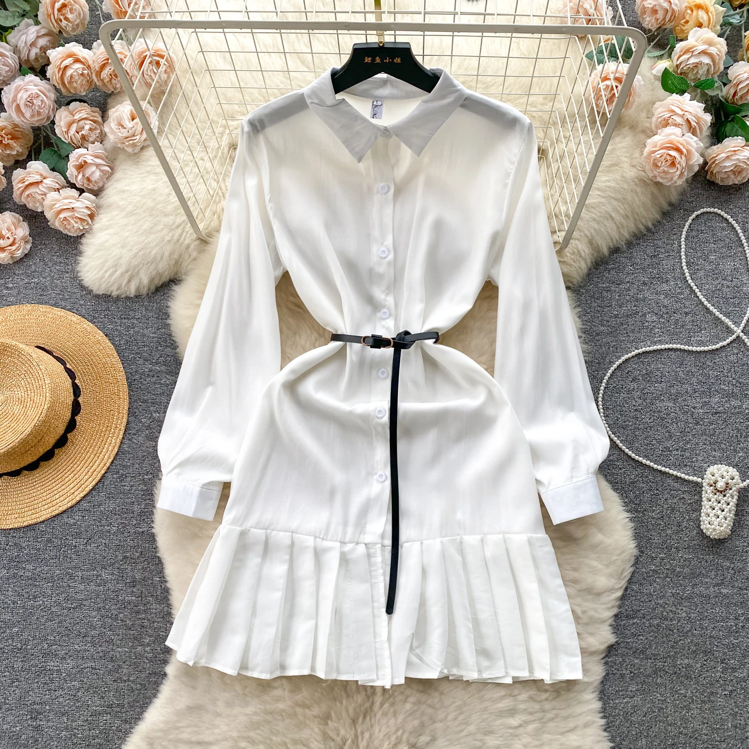 

VIntage Ruffle Pleated Lantern Sleeves Long Sleeves Single Breasted Dress Casual Women A-LINE Fashion Autumn Dress