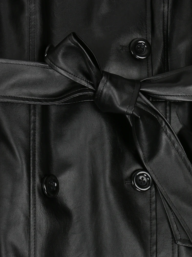 Ladies Leather Trench Coat Jacket Black Classic Knee-Length Designer Coat 3457 e