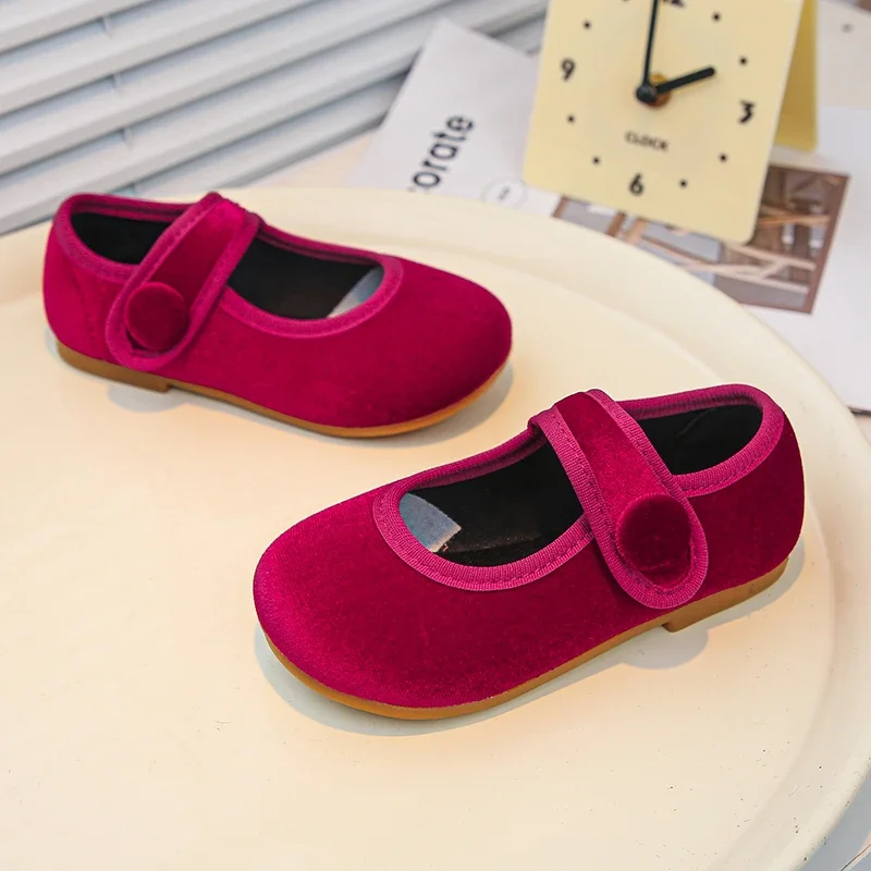 Wine Red Leather Girls Flat Shoes for Kids