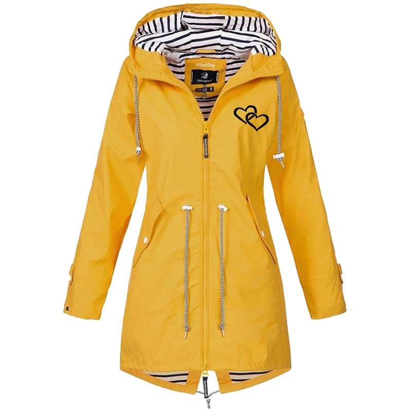 Long casual women's printed long sleeved raincoat waterproof travel running jacket new fashion jacket sleeve hooded windbreaker