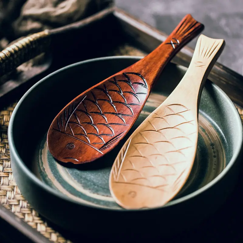 Retro Japanese Creative Fish Shape Rice Spoon Cute Nature Wooden Non-stick Rice Shovel Scoop Kitchen Cooking Utensils Supplies wooden cooking spoon cooking scoop