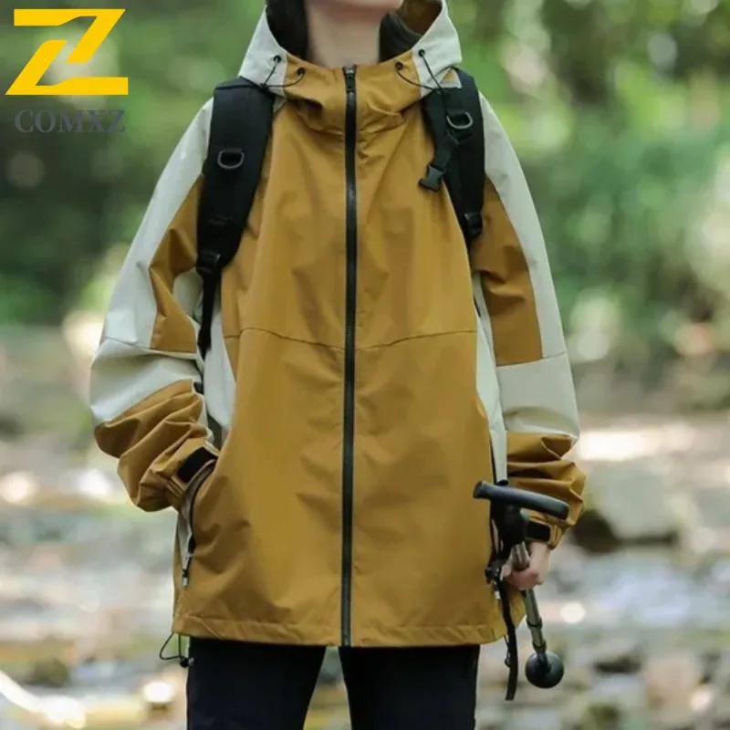 COMXZWindbreaker Colorblock Hooded  Men Women Yama Style Waterproof Windproof Multi-Pocket  Coat for Camping Fishing Hiking 2025