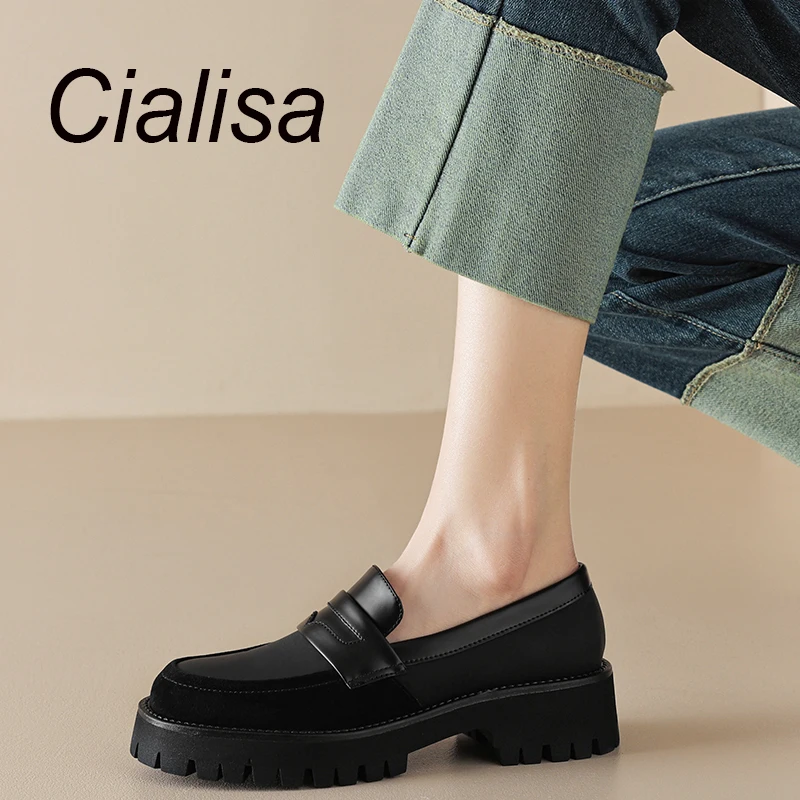 

Cialisa Vintage Women's Shoes 2023 Spring Round Toe Patchwork Loafers Casual Handmade Slip-On Thick Heels Ladies Footwear Brown
