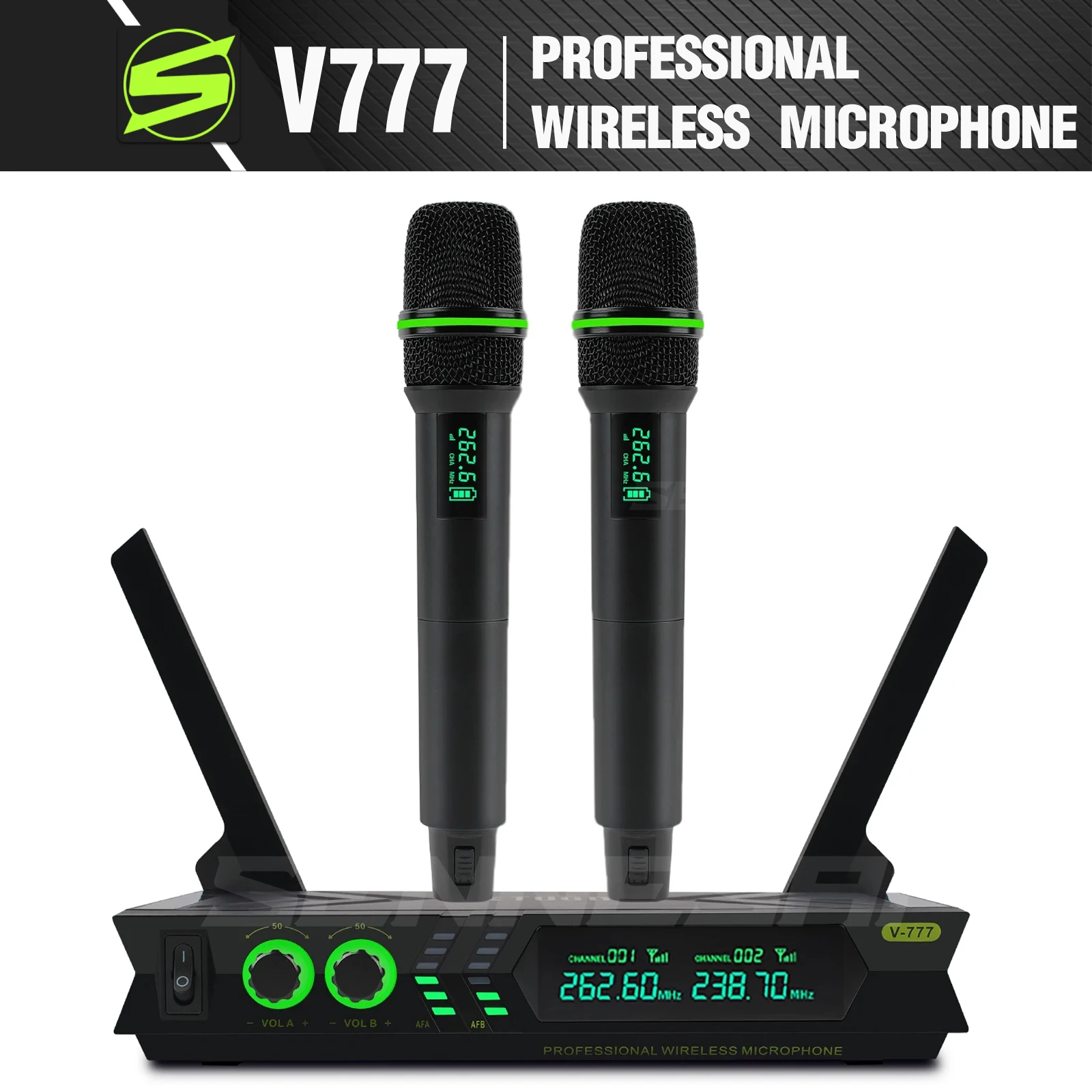 

SENNESAI V777 Wireless Dynamic Microphone Professional VHF Handheld Dual Channel Karaoke Mic with Automatic Frequency Adjustable