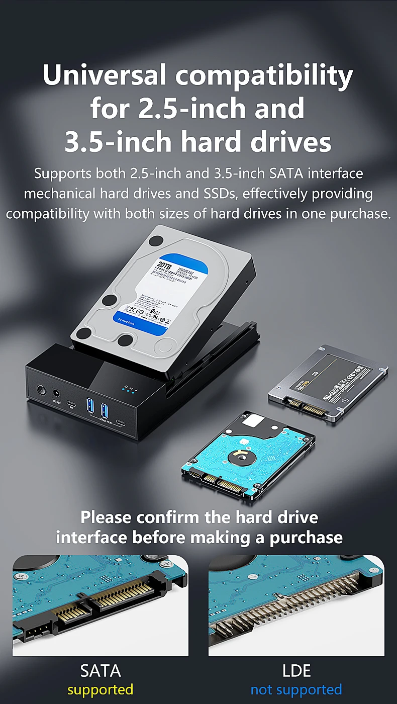 2,5/3,5 Zoll HDD-Gehäuse USB3.0 Hub 20 TB Festplattengehäuse SATA auf USB 3.0 Externer Festplattenleser-Adapter für PC Laptop – Detail 13