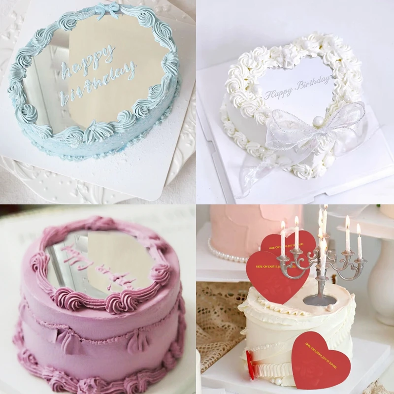 Nieuwe Spiegel Acryl Cake Topper Hart Ronde Vorm Cake Disc Lade Toppers Voor Bruiloft Verjaardag Party Diy Bakken Dessert Decoratie