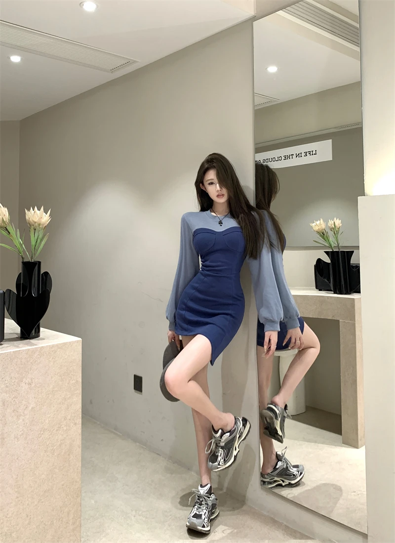 Sexy Patchwork Mini Dresses Women Long Sleeve Bodycon Lace-up Hollow Out Y2K Club Party Dress Korean Fashion Autumn New Vestidos