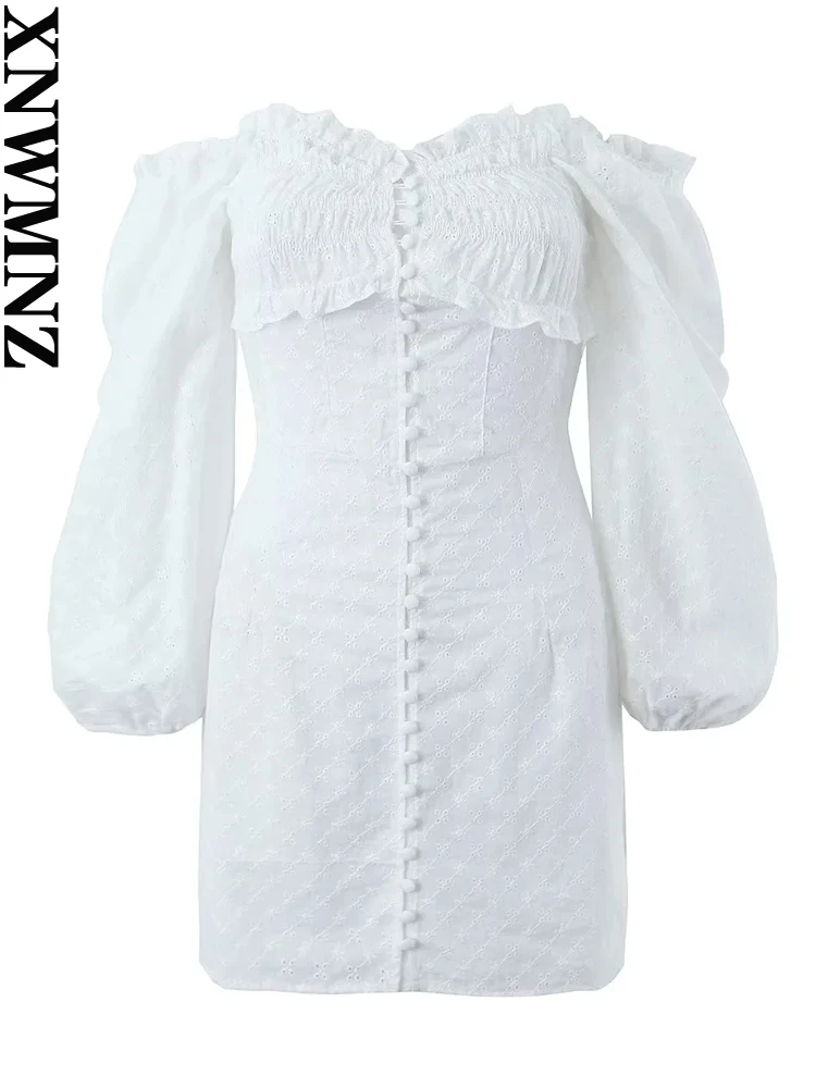 

XNWMNZ 2023 Women Fashion Cotton French Square Neck Dress Woman Holiday Bubble Sleeve Wooden Ear Button Female Mini Dresses