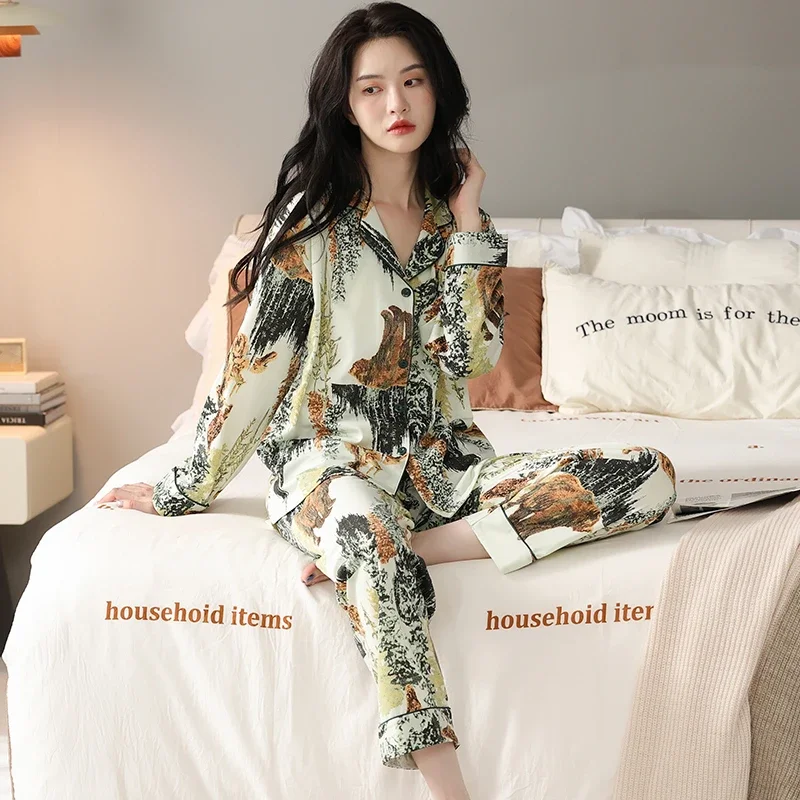 

Women Long Sleeve Trousers Soft Pajamas Dormir Lounge Sleepwear Solid White Pajama Mujer Bedroom Home Clothes Female Pyjamas