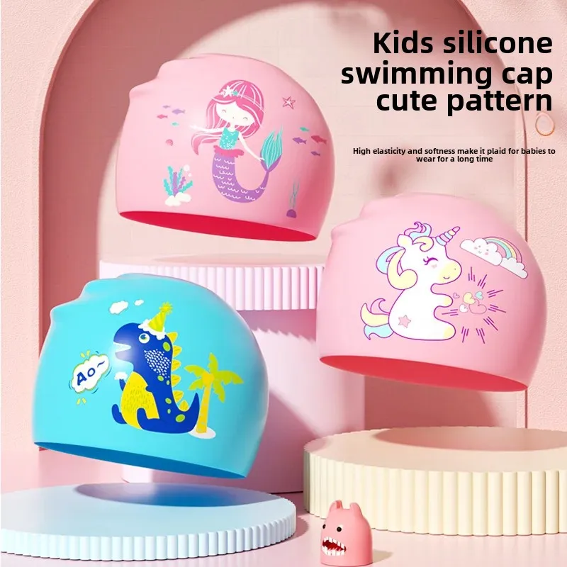 Cute Cartoon Unicorn Children's Swimming Cap Waterproof Silicone Non-Tight Head Protection Professional Ear Cover Swimming Cap