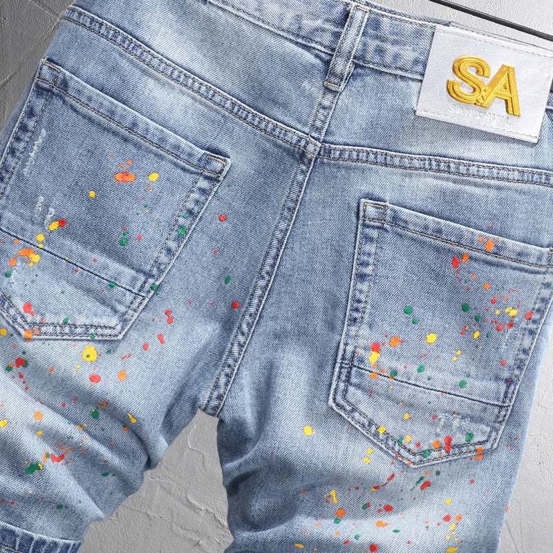 Summer Fashion Men Jeans Retro Blue Stretch Slim Fit Vintage Ripped Short Jeans Homme Painted Designer Hip Hop Denim Shorts Men