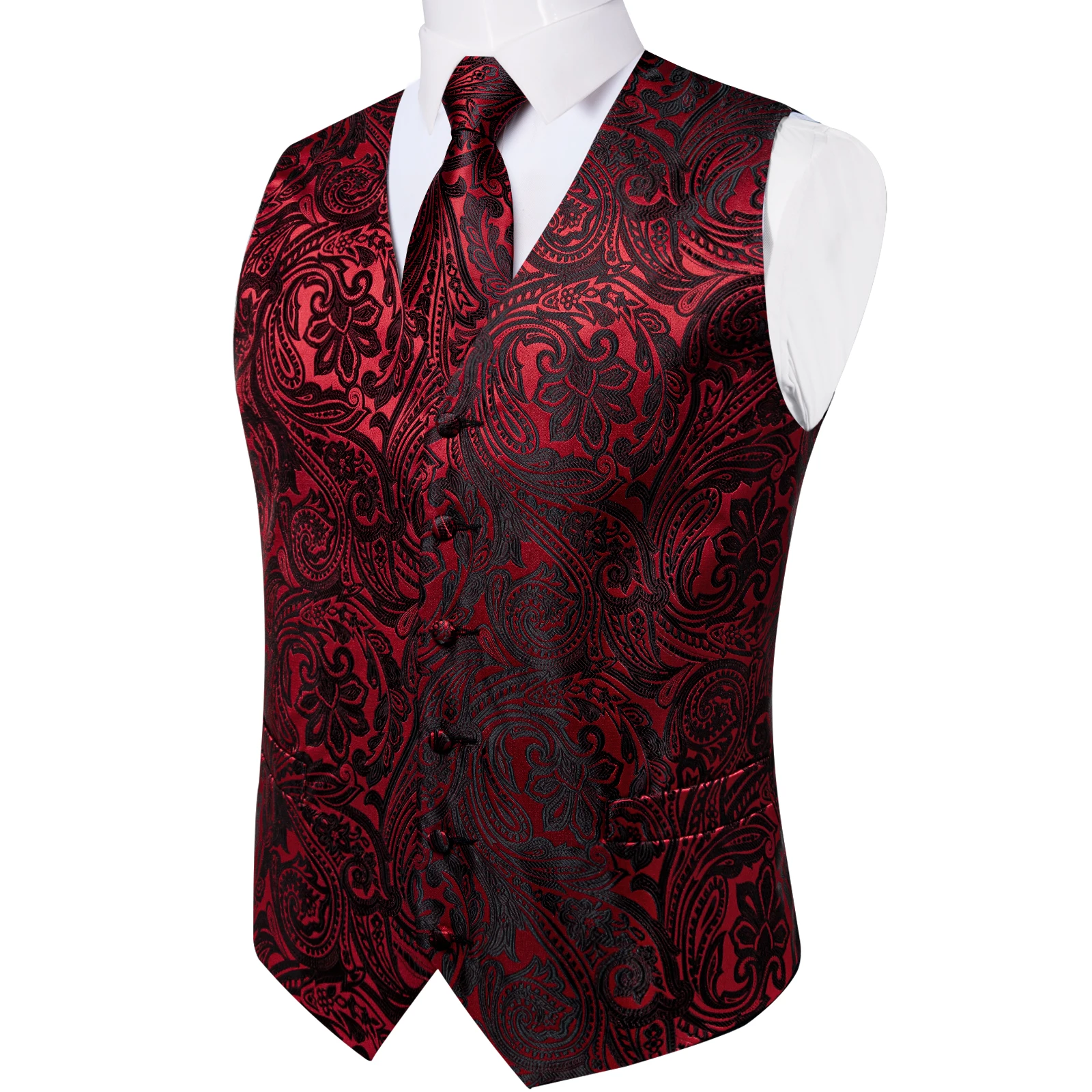 Red Black Floral Vest for Man Sleeveless V-neck Dress Business Man Waistcoat Spring Autumn Winter Tuxedo Tie Bowtie Handkerchief