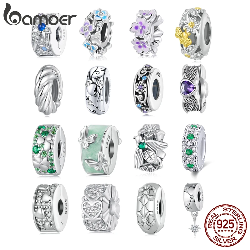 

BAMOER 925 Sterling Silver Clasp CZ pave Clip Charms Daisy Beads Stopper Safety Chain fit Original Charm Bracelet Jewelry Clip