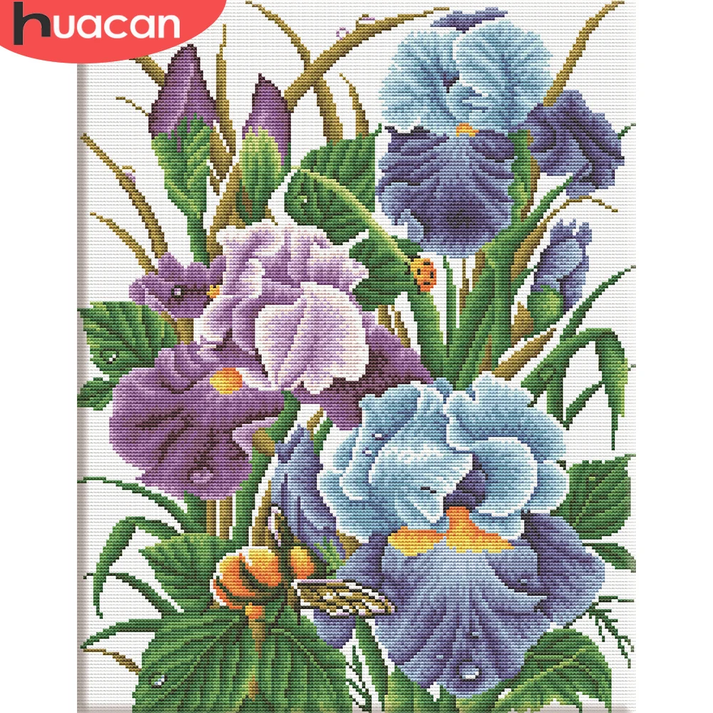 HUACAN Embroidery Iris Flower Kits Cross Stitch Set Needlework White Canvas DIY Home Decoration 14CT 40x50cm