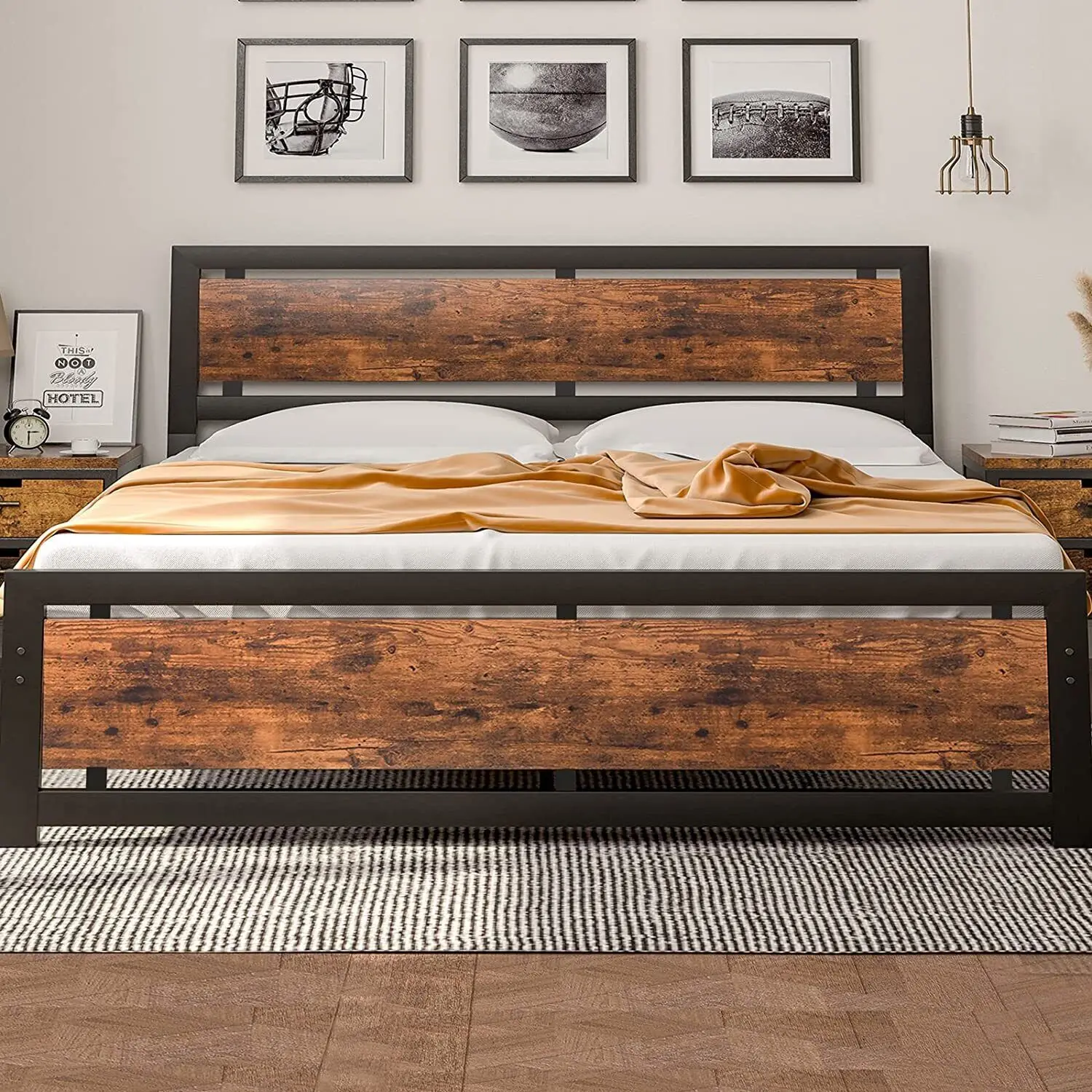 KingSizeBedFramePlatformMetalBedFrameIndustrialWoodHeadboard