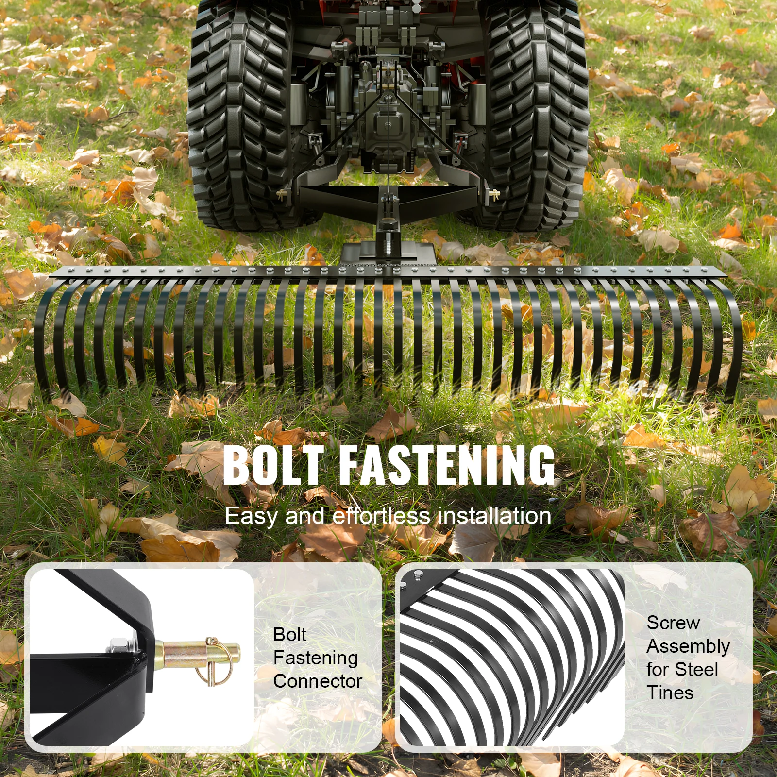 VEVOR Tow Behind Dethatcher 72-inch Tow Dethatcher with 36 Steel Tines 3-Point Lawn Dethatcher Rake with Attachments for Tractor 5