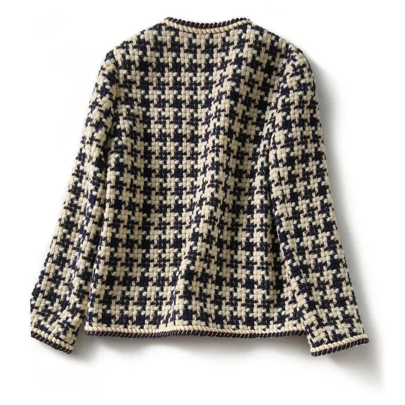 Vintage Houndstooth O-Neck Tweed Jacket 2023 Fall Winter Long Sleeve Wool Blend Outwear Plus Size Open Stitch Blazer Coat M-3xl