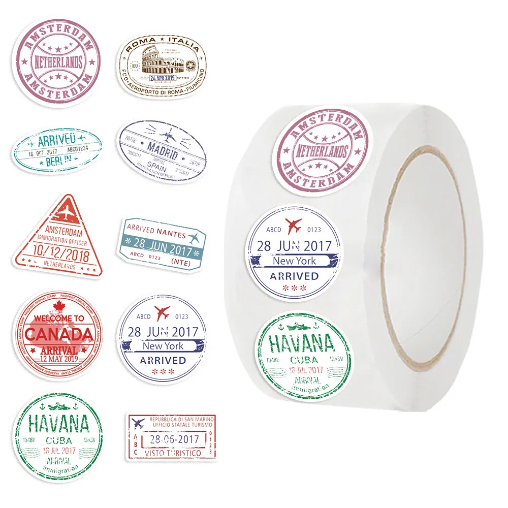 500pcs/Roll Passport Postmark Stamps Cartoon Sealing Sticker DIY Travel Luggage Laptop Suitcase Decoration Stiker Reward Toys Cartoon Stickers Reward Stickers