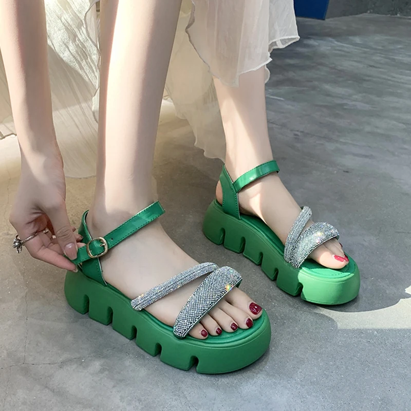 Rimocy Bling Crystal Chunky Sandals Women Summer Ankle Strap Thick Bottom Platform Sandals Woman 2022 New Non-slip Sandalias