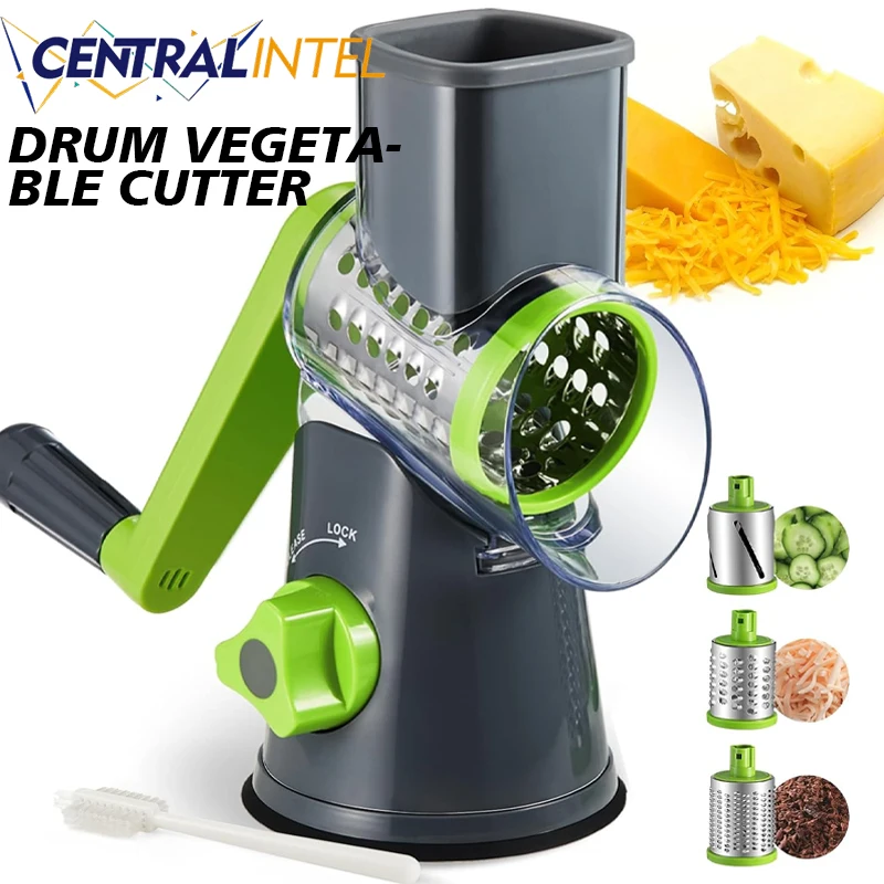 Vegetable Cutter Cheese Shredder 3 Sharp Drums Multifunctional Garlic Potato Shredder Handheld with Strong Suction Kitchen Tool